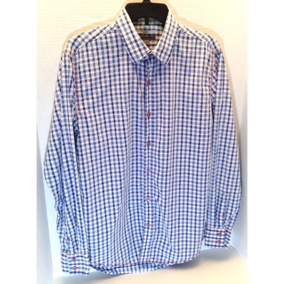 Johnston & Murphy Shirt Men M Blue Check Plaid Slim Fit Button Up Flip Cuff - Picture 3 of 11